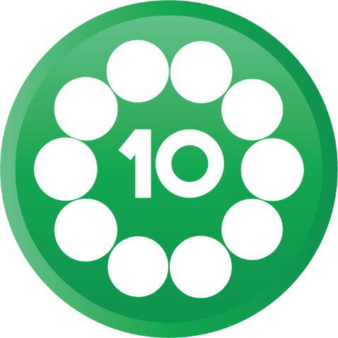 The number ten with 10 circles around it